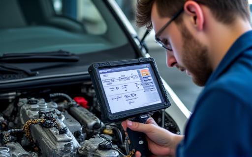 Mechanic performing a detailed diagnostic check on an engine bay with a professional scanner.